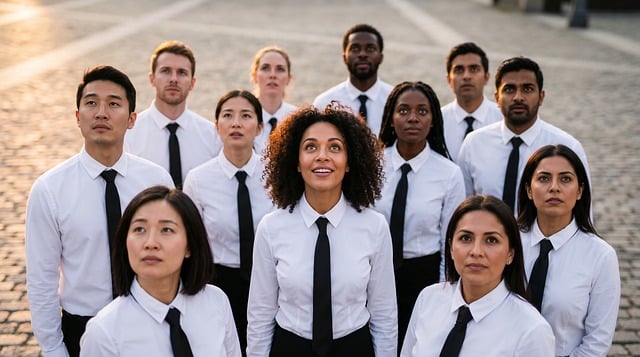 Group of diverse astronauts looking at an alien planet on a holographic display