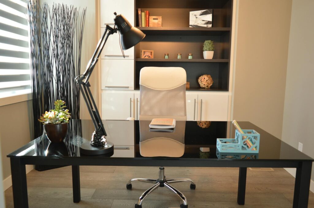 modern office desk setup with mouse